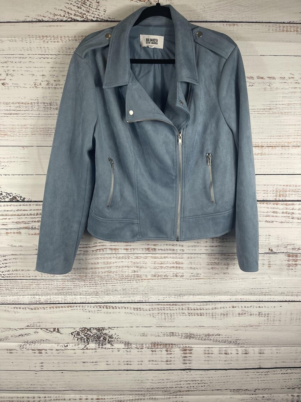 BB Dakota Jacket Womens XXL Blue Faux Suede Moto Biker Zip Pockets Collared